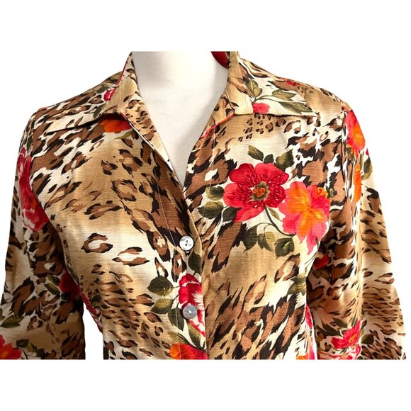 Vintage Silk Land Beaded Floral Button Down Sil Shirt Sz L Cheetah Print & Flora - Picture 6 of 11